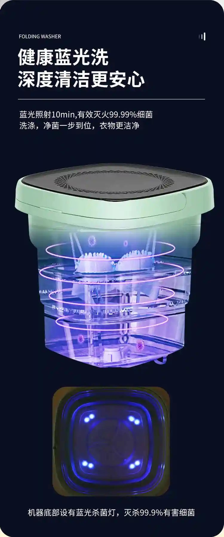 Tidesmit mini folding washing machine with drain bucket showing side view and compact foldable design for travel