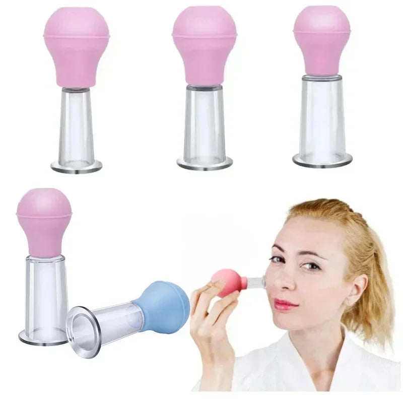 Three pink and one blue facial massage cupping tools with clear plastic jars and rubber bulbs, shown in use on a face.