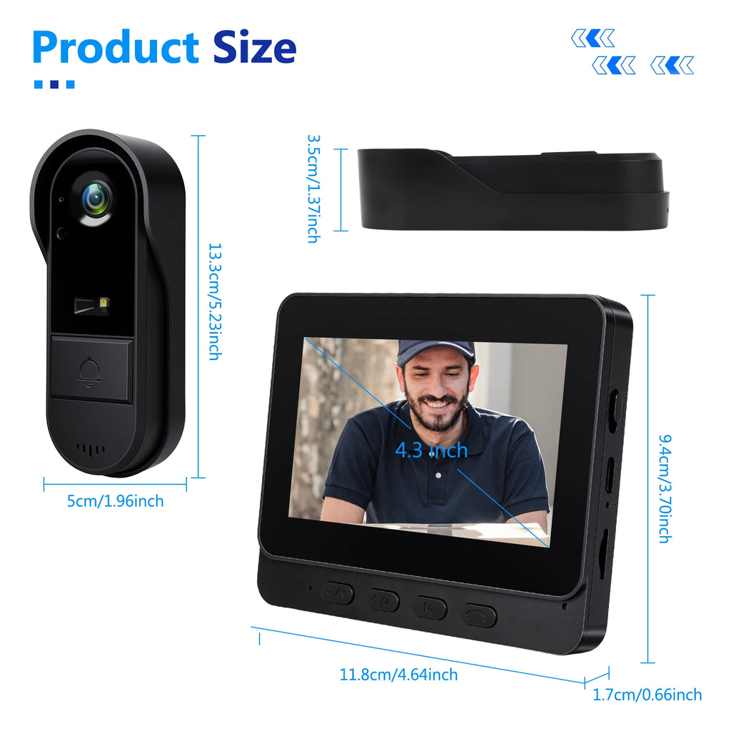 Podofo 4.3in Two-way Intercom Doorbell with 64G Card HD Night Vision IPS Screen Waterproof Visual Doorbell Home Security Video