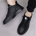 Men's Minimalist Black Leather Sneakers Fashion Mid-Top Casual Shoes with Elastic Laces Streetwear Dad Shoes for Men