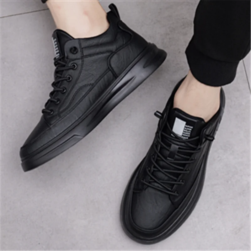 Men's Minimalist Black Leather Sneakers Fashion Mid-Top Casual Shoes with Elastic Laces Streetwear Dad Shoes for Men