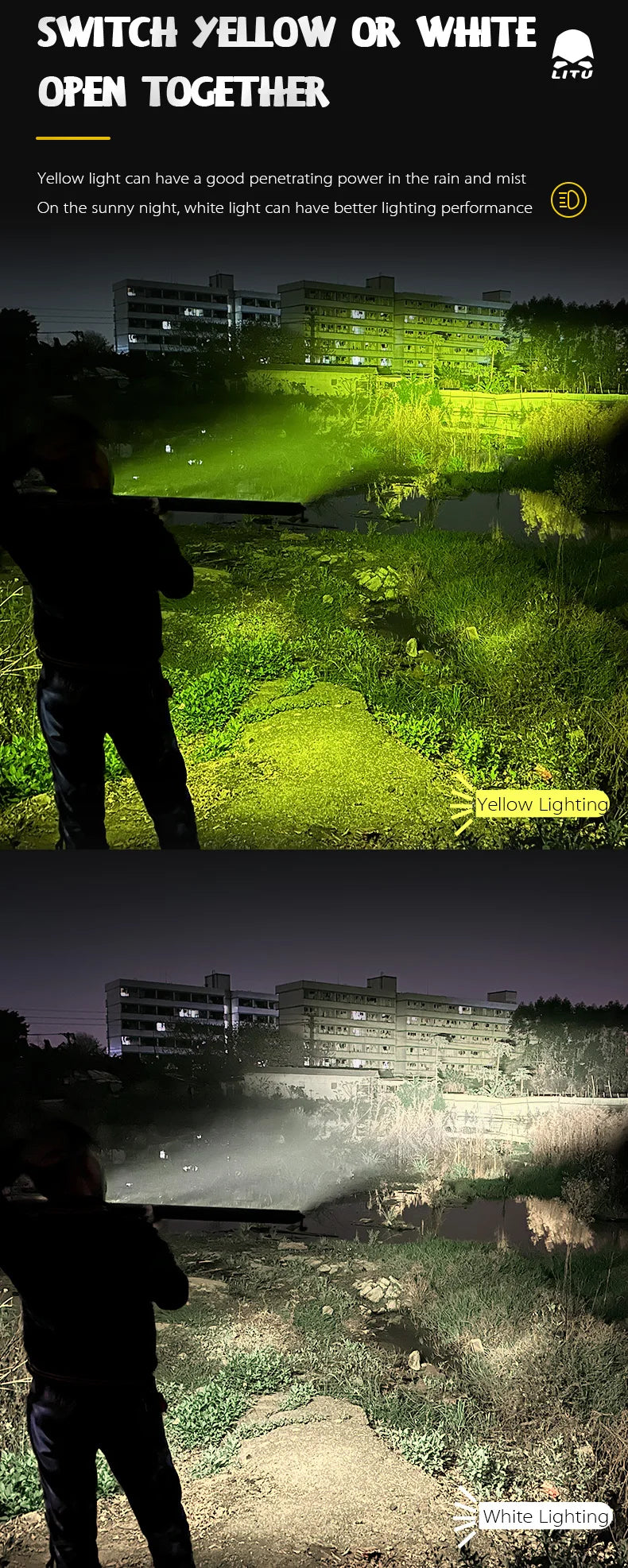 Dual-color LED floodlight beam, yellow and white light for off-road vehicle