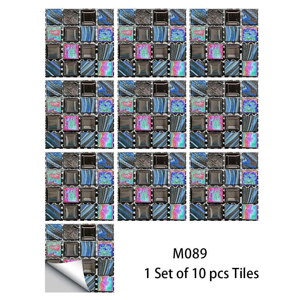 Glossy multicolor mosaic tile sticker set of 10 pcs, pink blue and dark square tiles