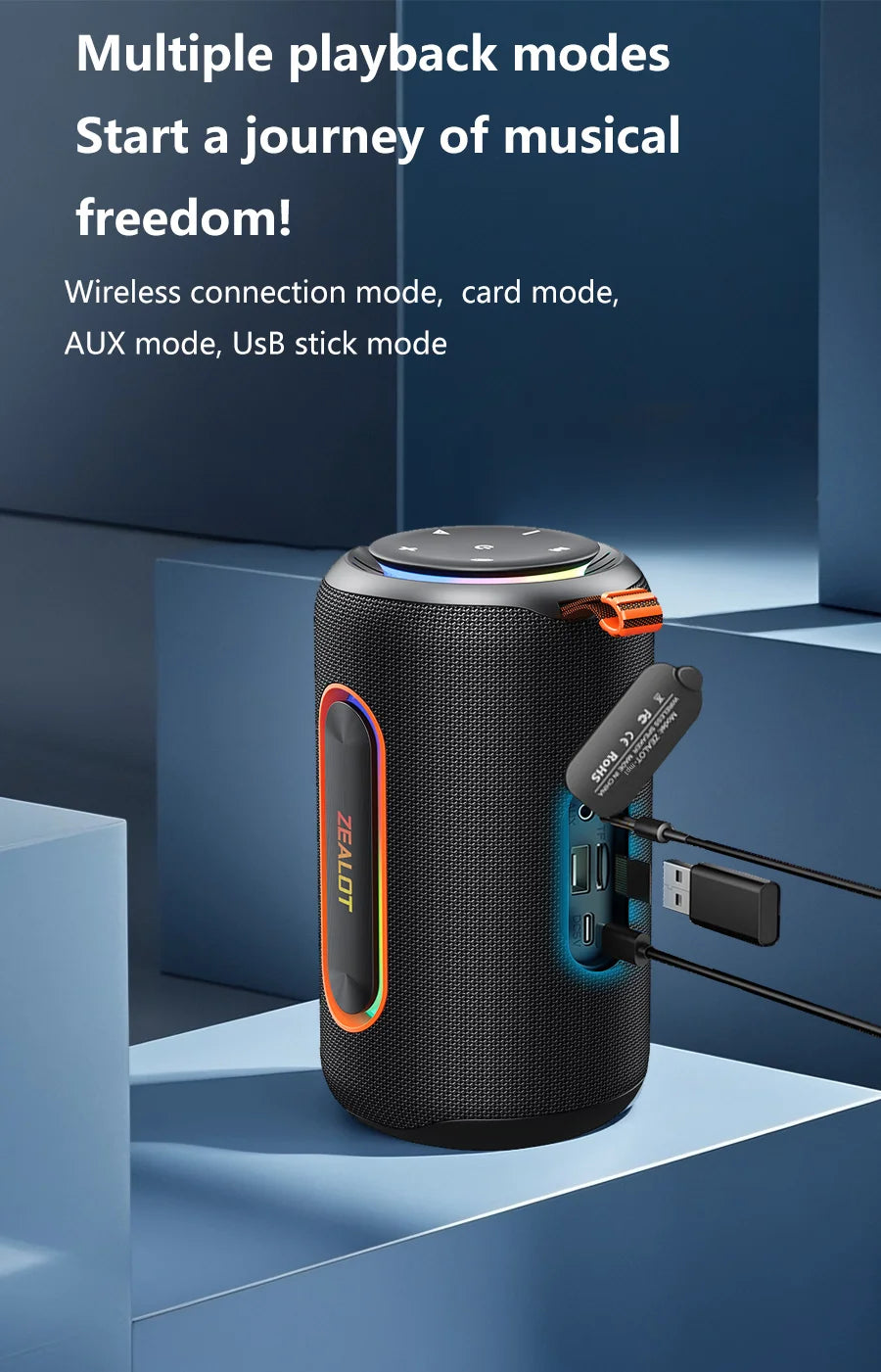ZEALOT-MP1 60W Wireless Speakers,RGB Light,30 Hours Playtime,, Waterproof IPX 6,Wireless Speaker, Dual Pairing, 8000mAh Battery.