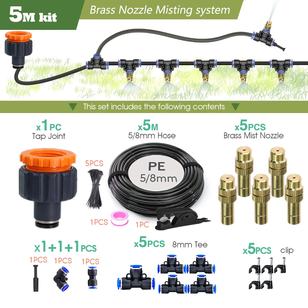 5M brass nozzle misting system kit contents: tap joint, 5/8mm hose, mist nozzles, tees