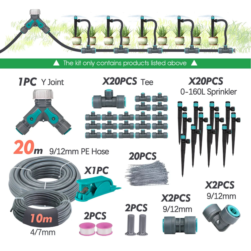 Irrigation sprinkler kit with 9/12mm PE hose, tee connectors, sprinklers, and garden stakes
