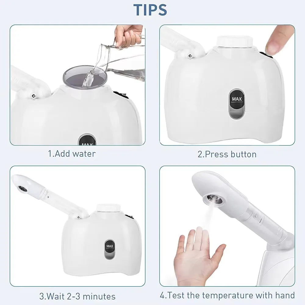 Portable white facial steamer instructions showing water filling, power button, heating, and mist testing steps.