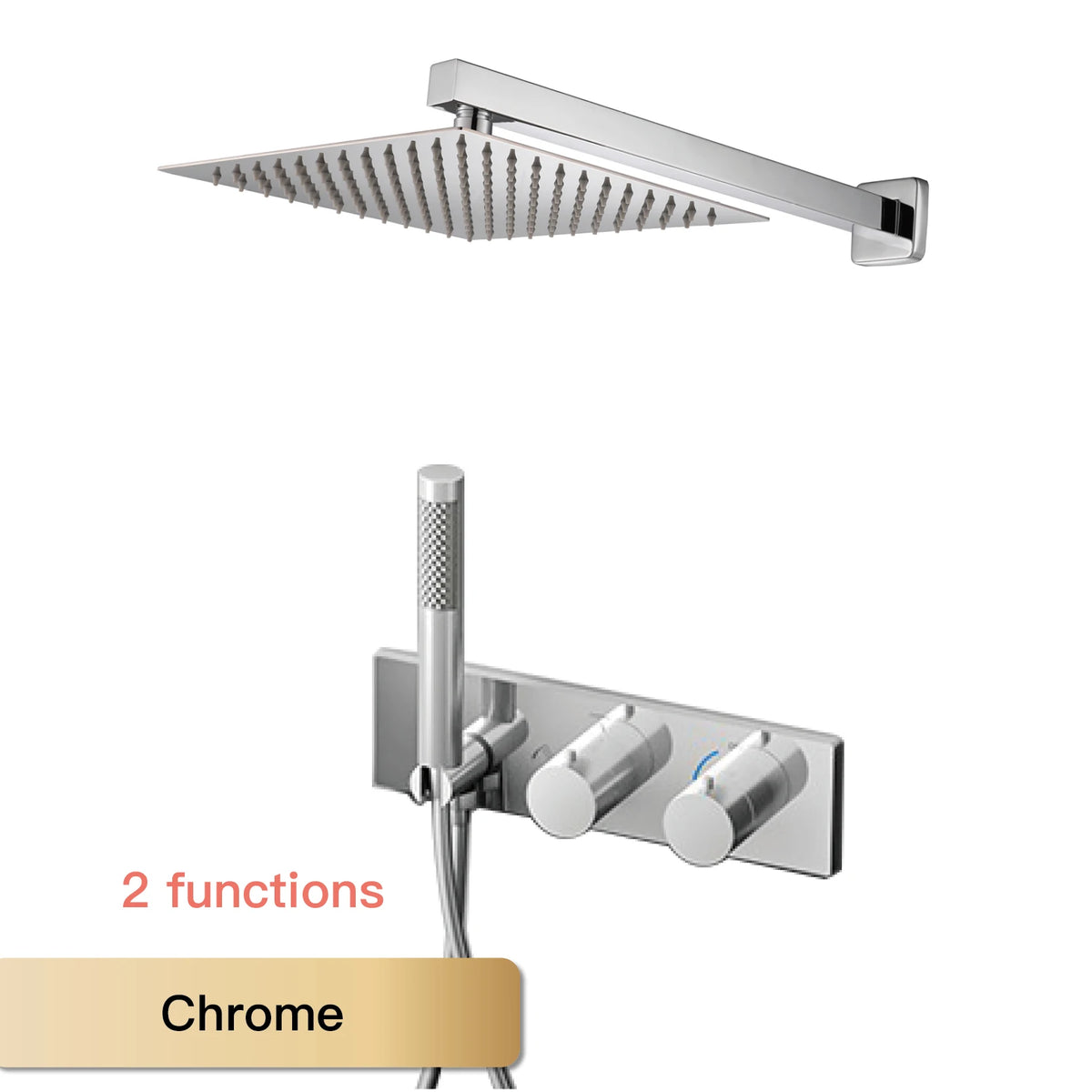 Chrome thermostatic shower system with rainfall ceiling head and 2-function wall mixer
