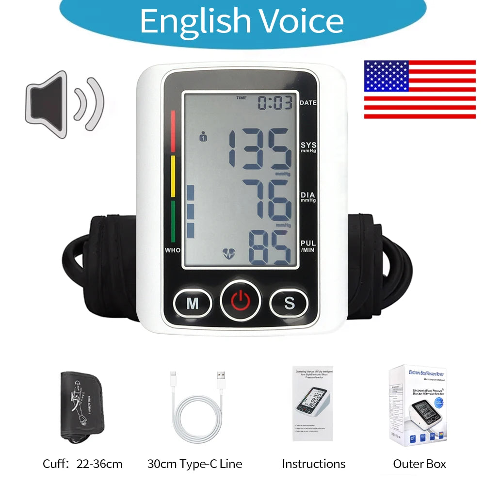 Voice Portable LED Upper Arm Blood Pressure Monitor Portable Rechargeable Digital Tonometer Sphygmomanometer BP Monitor