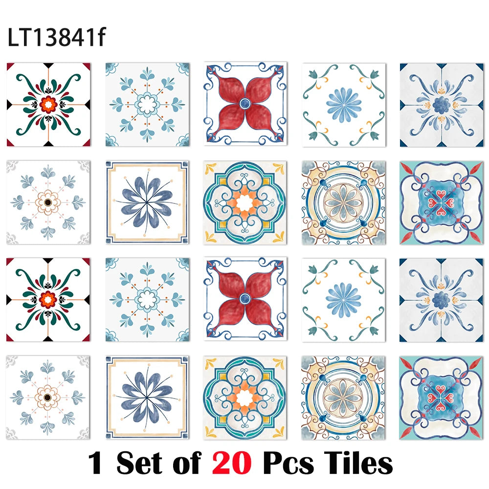 Glossy boho tile stickers set of 20, white with blue and red floral ornament motifs