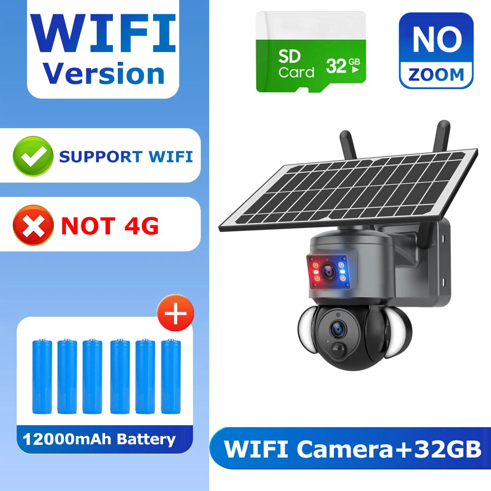 Solar-powered PTZ security camera with dual lenses and fold-out panel, black
