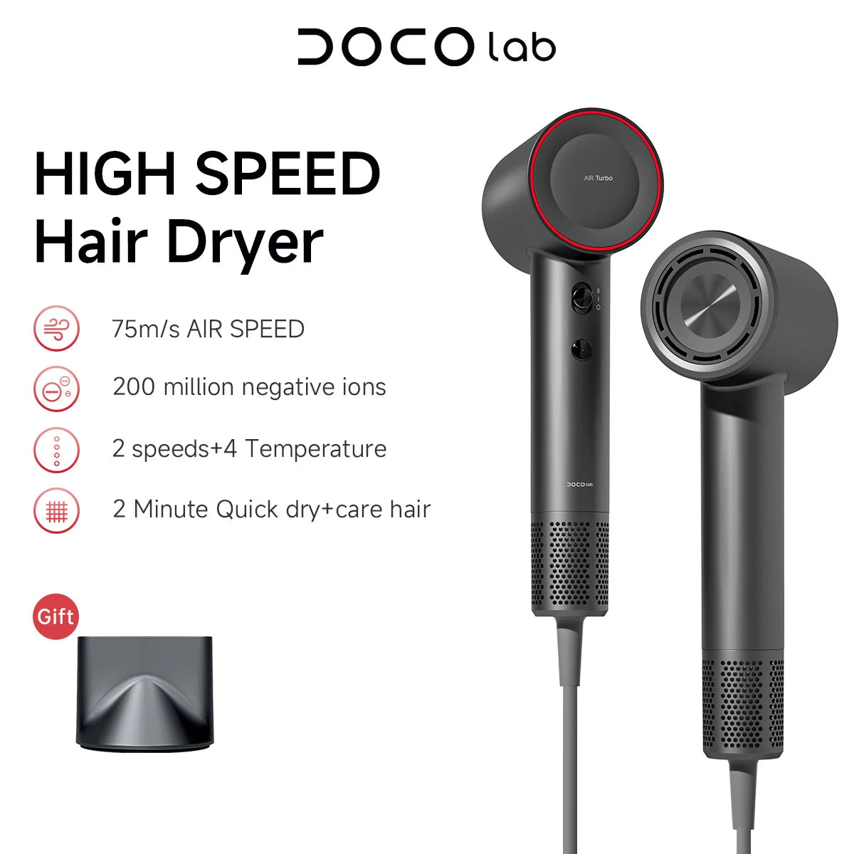 DOCO high-speed hair dryer, 110k RPM, 200M negative ions, gray professional blow dryer with nozzle attachment.