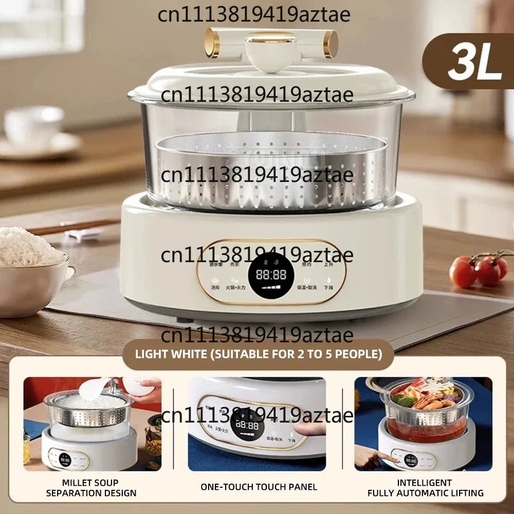 Light white 3L multi cooker with stainless inner steamer basket and clear lid