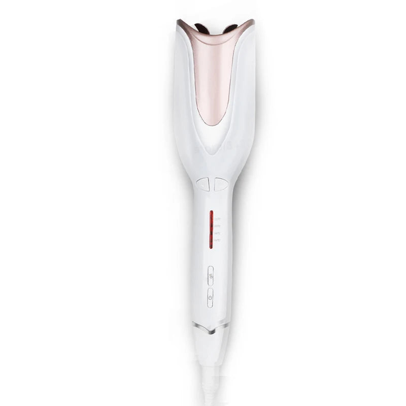 White and rose gold automatic hair curler with adjustable temperature settings and sleek, portable ergonomic design.