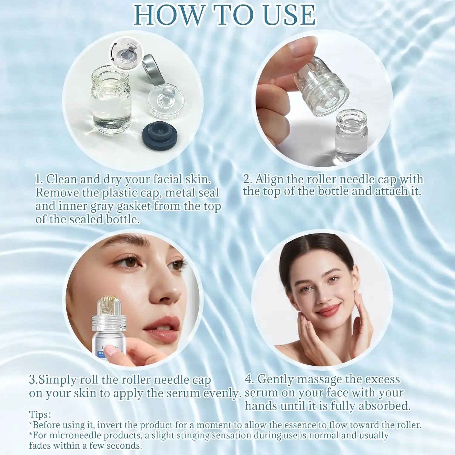 Micro infusion serum kit with 0.25mm needle roller for at-home facial beauty, skin rejuvenation, and serum application.
