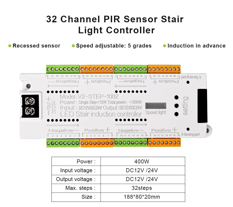 V2 PIR Motion Sensor Stair Light Controller 32 Channels LED Stair Controller For Stairway Dim LED Strip Lighting DC12V 24V