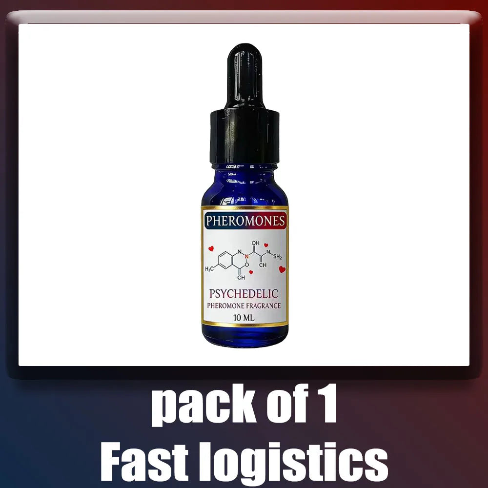 Psychedelic Pheromone long-lasting fragrance oil for men in a 10ml blue glass dropper bottle for attraction.