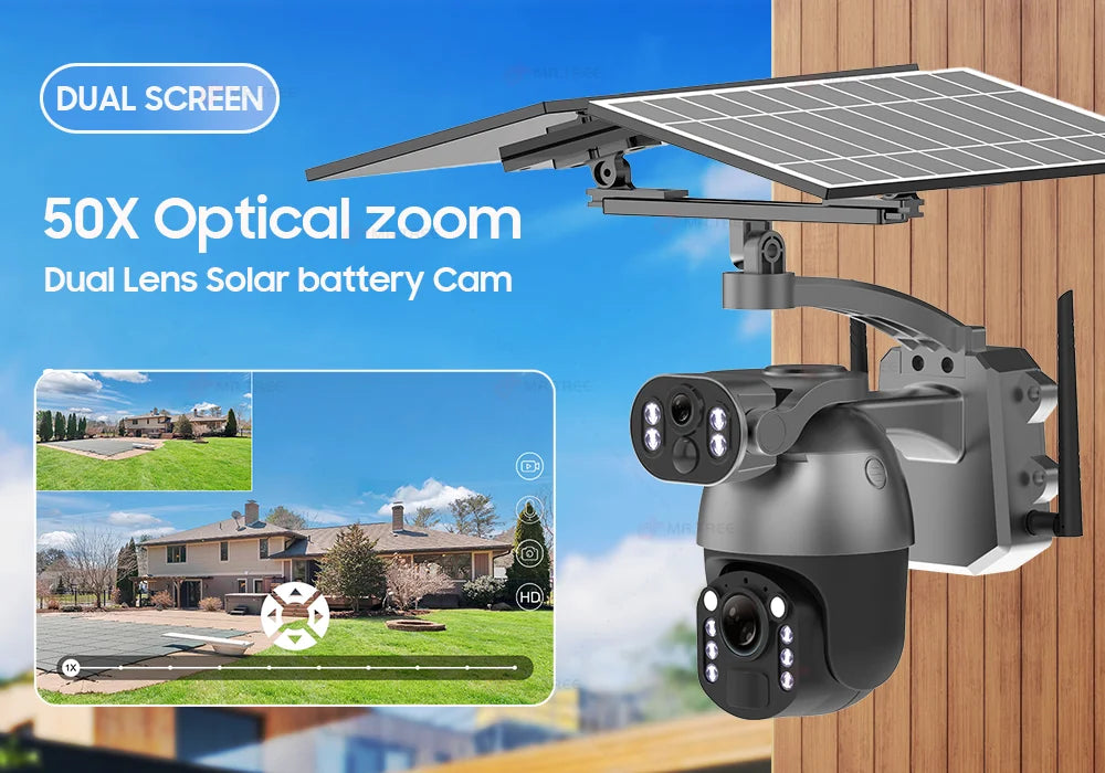 4K 50X Optical Zoom Solar Camera 10MP Dual Lens Home Outdoor 4G Sim PTZ Surveillance WIFI Security AI Auto Tracking CCTV IP Cam