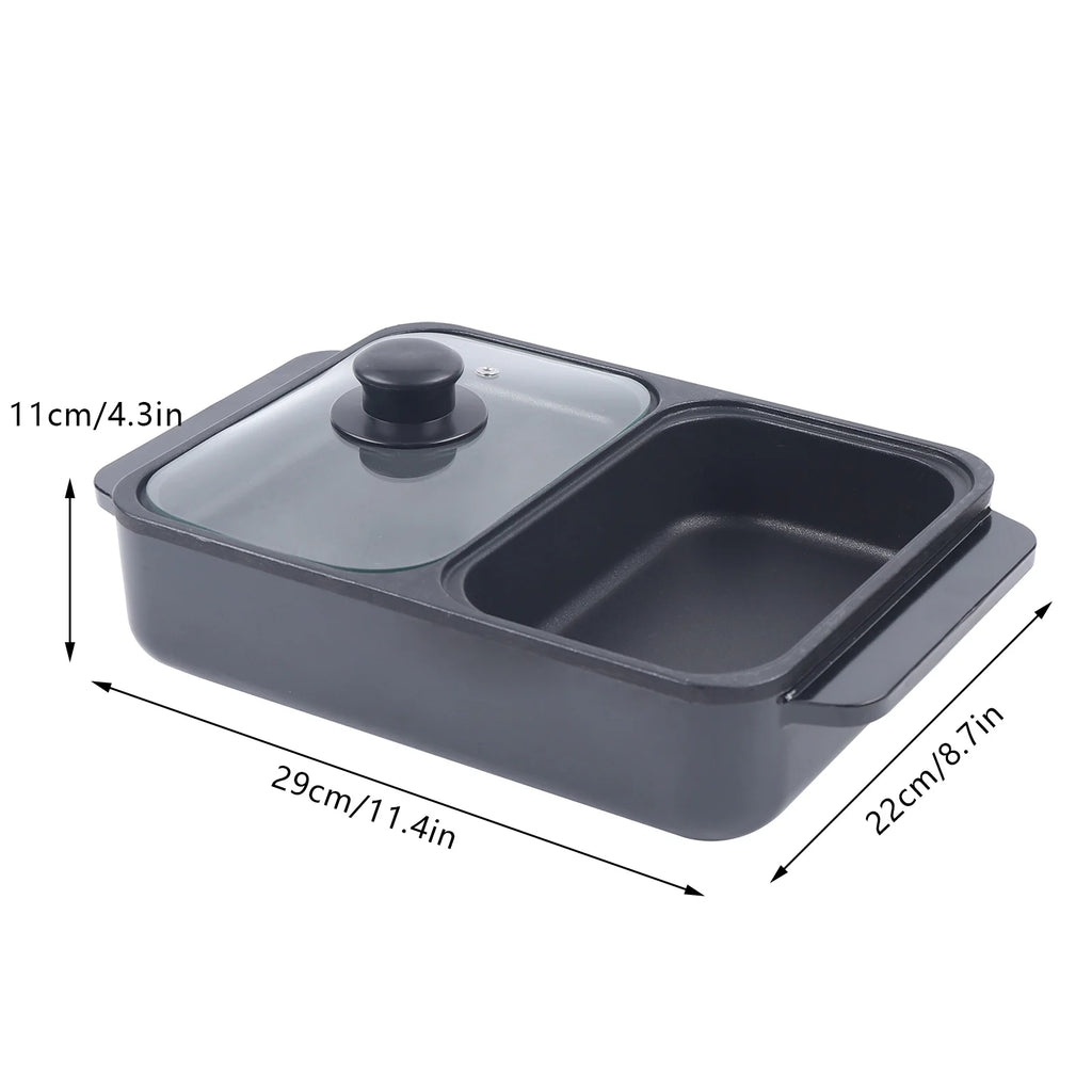 Black 2-in-1 hot pot and grill with glass lid and dual nonstick compartments, size labels