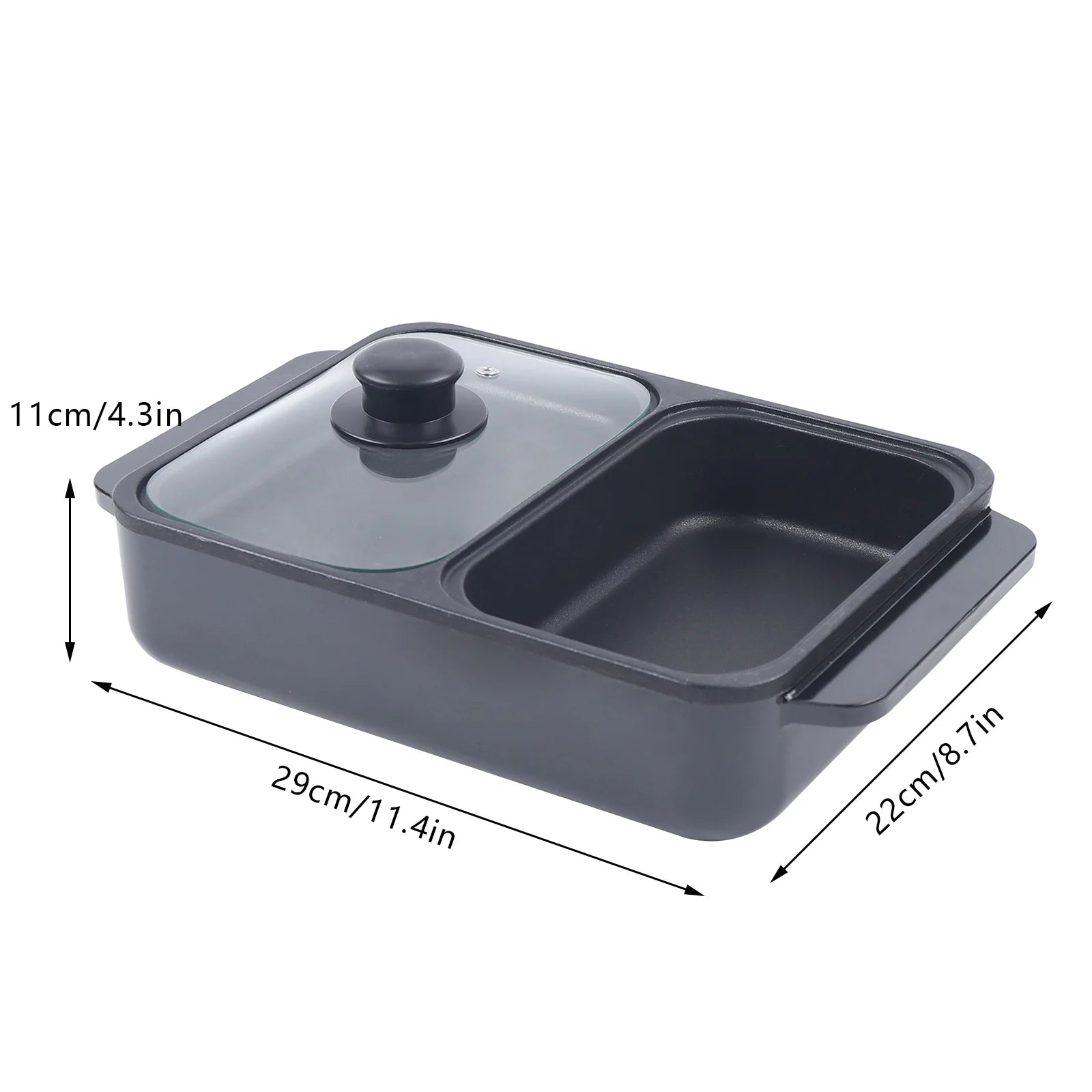 Black 2-in-1 hot pot and grill with glass lid and dual nonstick compartments, size labels