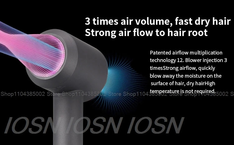 Grey leafless negative ion hair dryer with powerful airflow technology for fast, constant temperature quick drying.