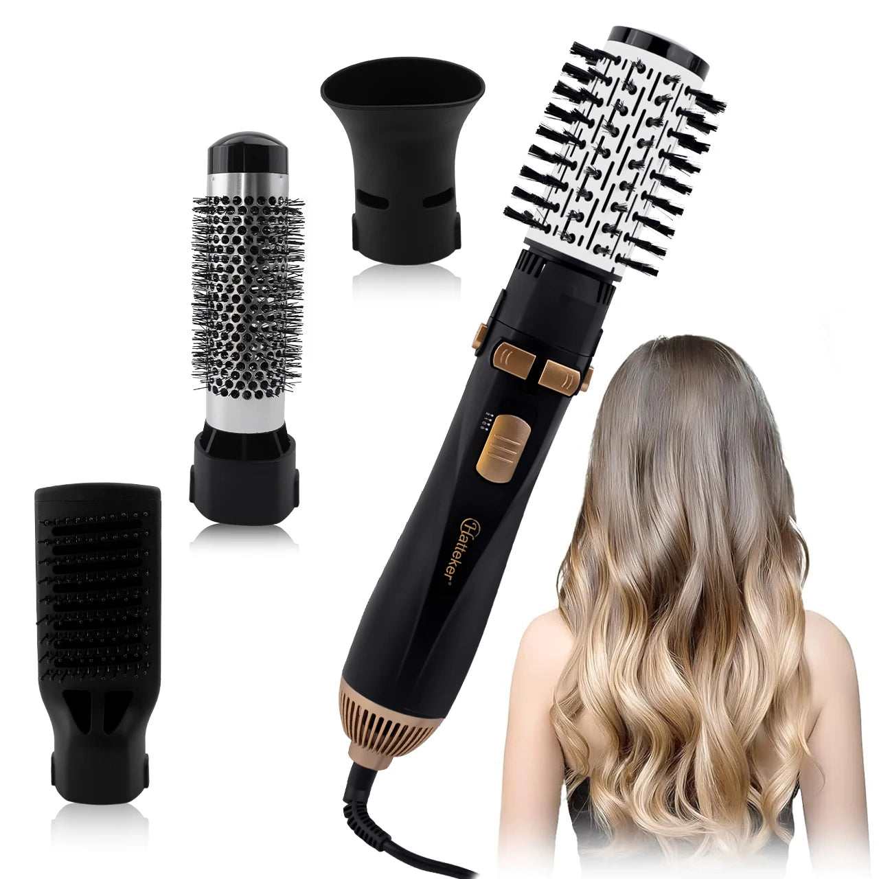 Hatteker 4-in-1 hot air brush set: black styling tool with 4 attachments for drying, straightening, and curling hair.
