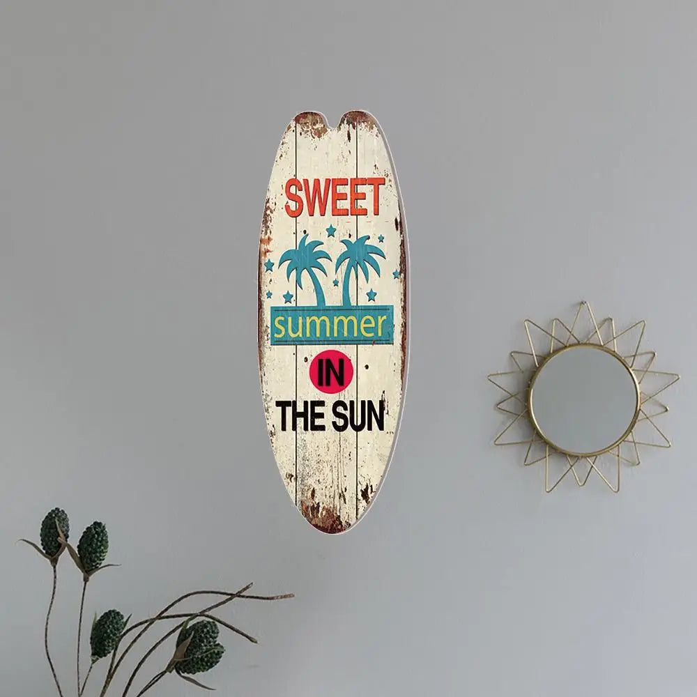 Wood surfboard hanging sign, cream distressed look with “SWEET summer in THE SUN”