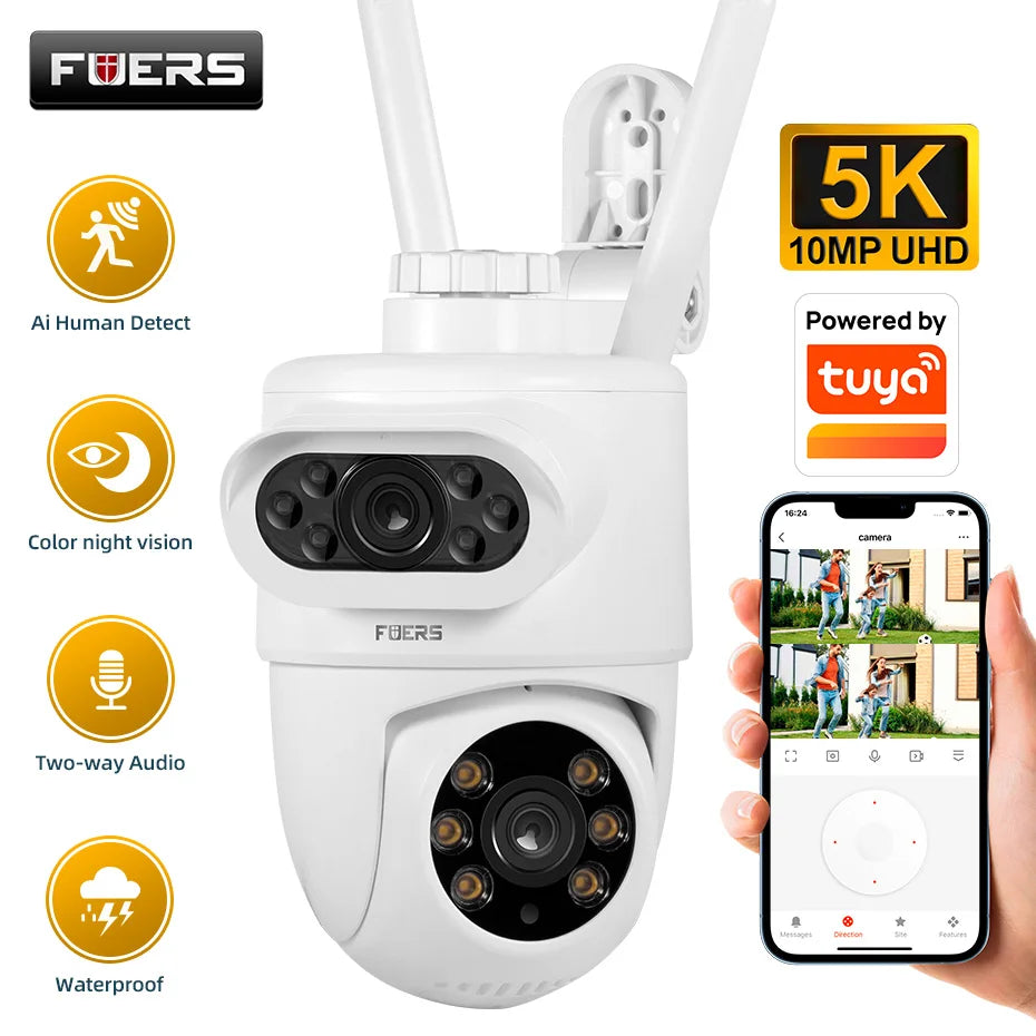 Dual-lens outdoor WiFi security camera, white dome with audio and night vision