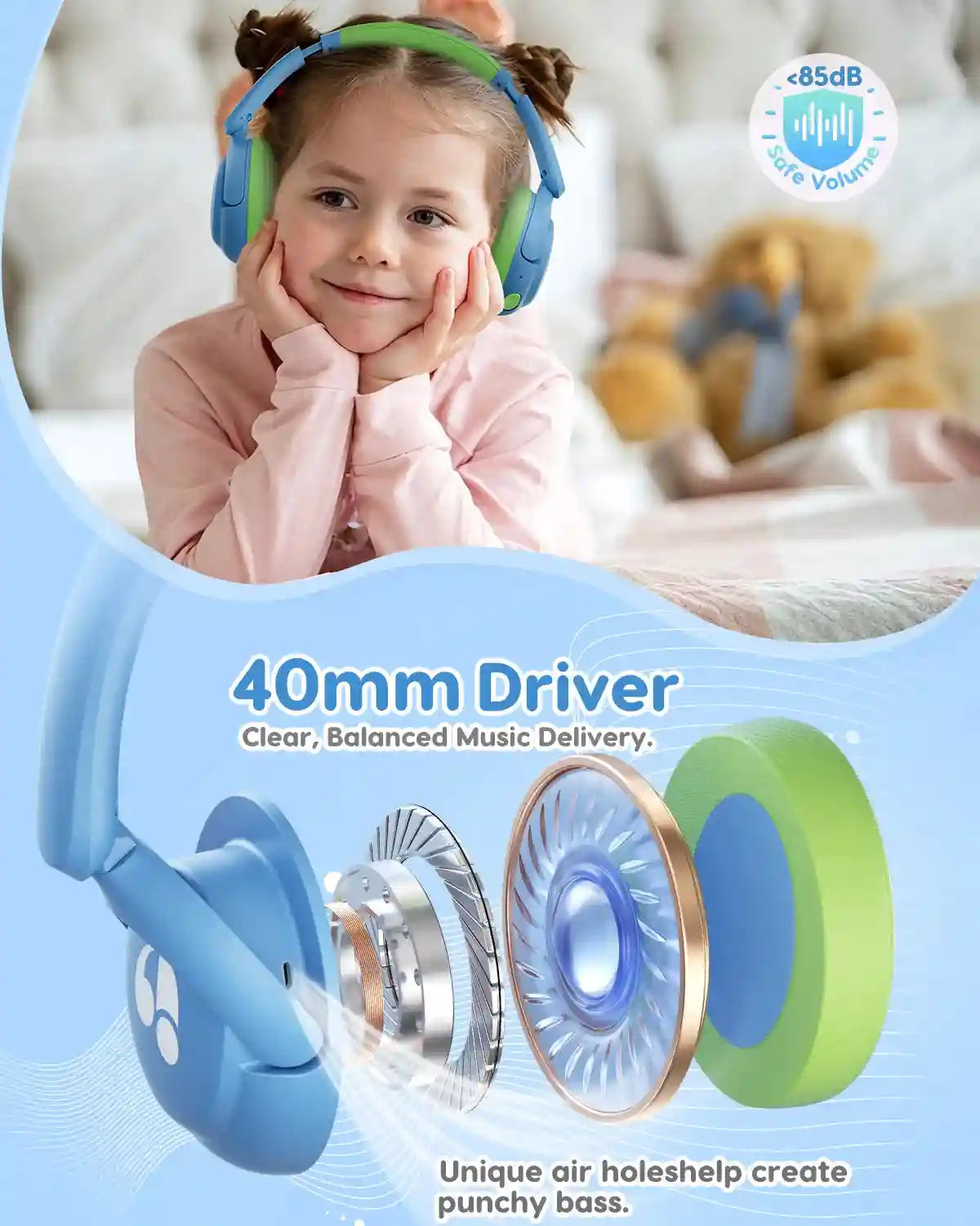 Wireless Kids Headphones - Volume Limited Over-Ear Stereo Audio Tidesmit