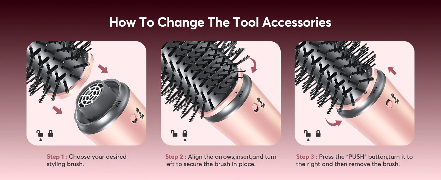How to change rose gold 5-in-1 air wrap styler brush attachments: step-by-step locking guide for hair dryer tool.
