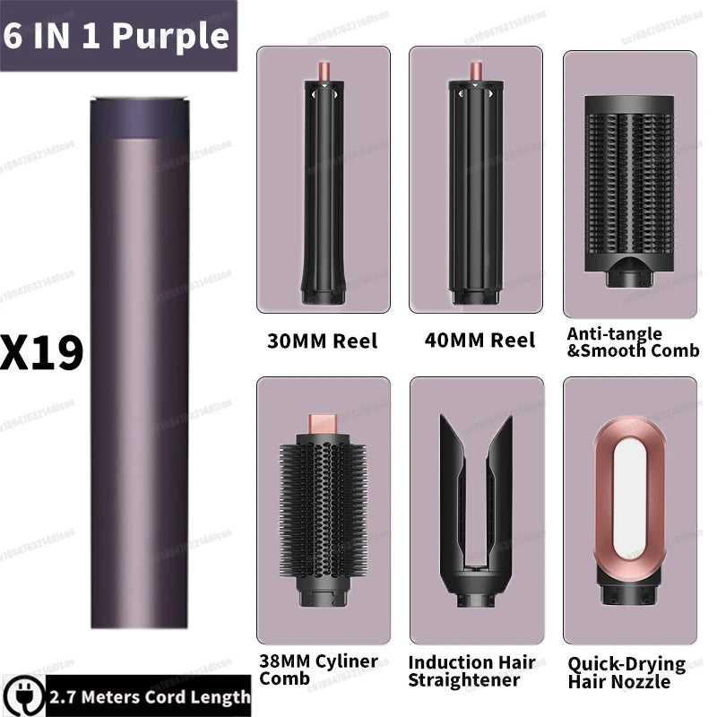 SenCiciMen 6-in-1 purple auto hair curler and hot air styler set with 5 versatile styling attachments for salon curls.