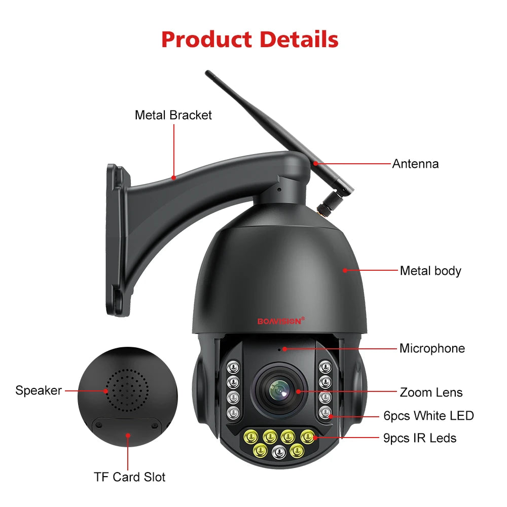 4K 8MP Surveillance Camera WIFI / 4G SIM Card / POE 30X Zoom PTZ AI Humanoid Tracking IR 100M Outdoor Speed Dome Security Camera