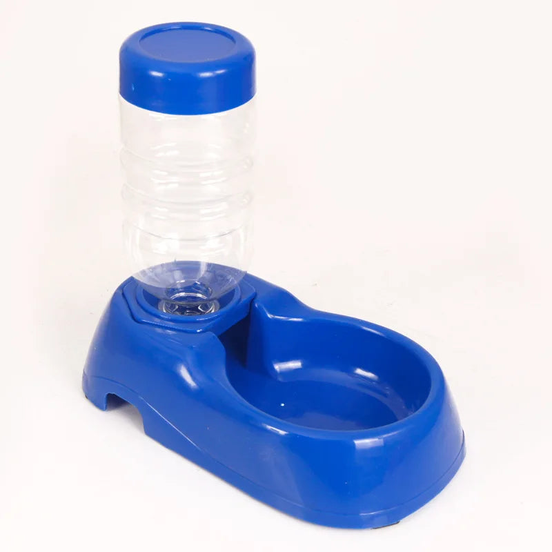 Blue automatic pet water dispenser with refillable plastic bottle for easy cat and dog hydration.
