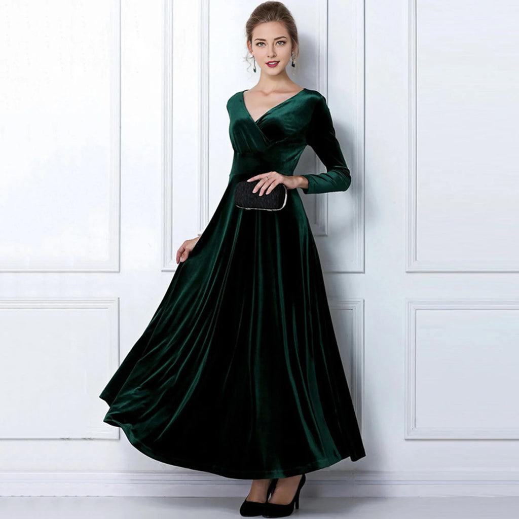 Vintage Women Autumn Long Sleeve V Neck Pleated Velvet Banquet Party Maxi Dress Party Wedding Elegant Evening dress 