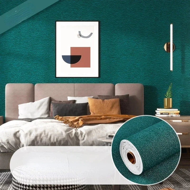 Self-adhesive textured wall panel wallpaper roll, deep teal; roll and wall texture detail