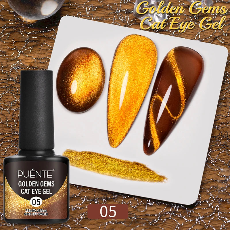 Golden Gems Cat Eye Gel polish 05. A 7.5ml bottle and three nail tips showing deep brown with shimmery gold effects.