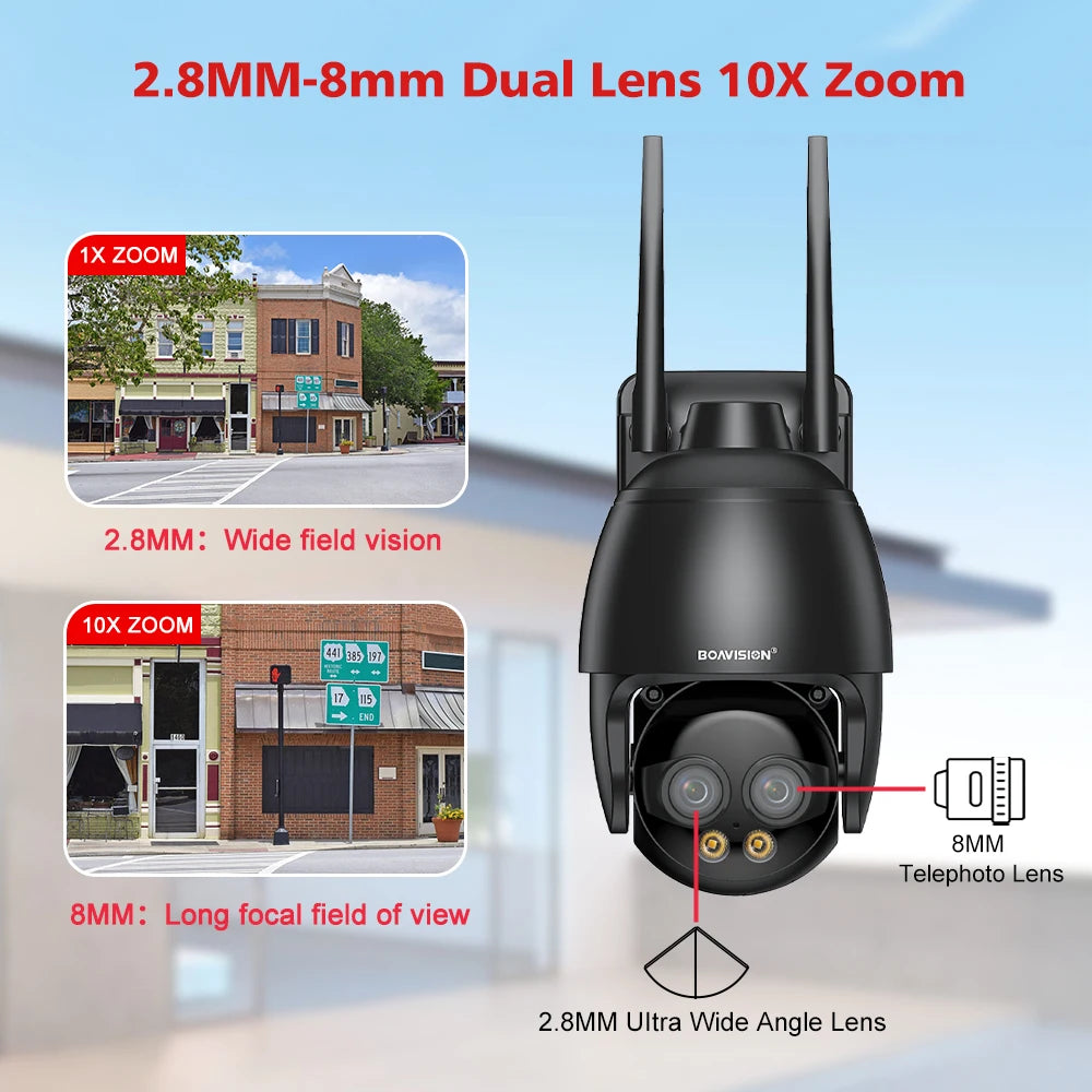 HD 8MP WIFI/4G SIM Card/POE Surveillance Camera 10X Digital Zoom AI Humanoid Detection Auto Tracking 2.8mm 8mm Dual Lens Camera