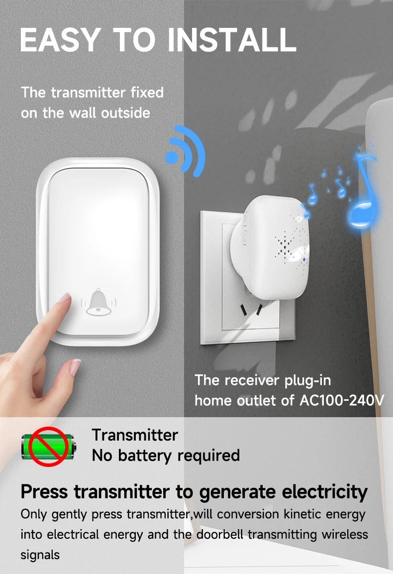 Wireless Doorbell 38-Chime 90db  Self-Generating Power Waterproof Remote Modern Design Kinetic Energy Door Bell EU US UK Plug