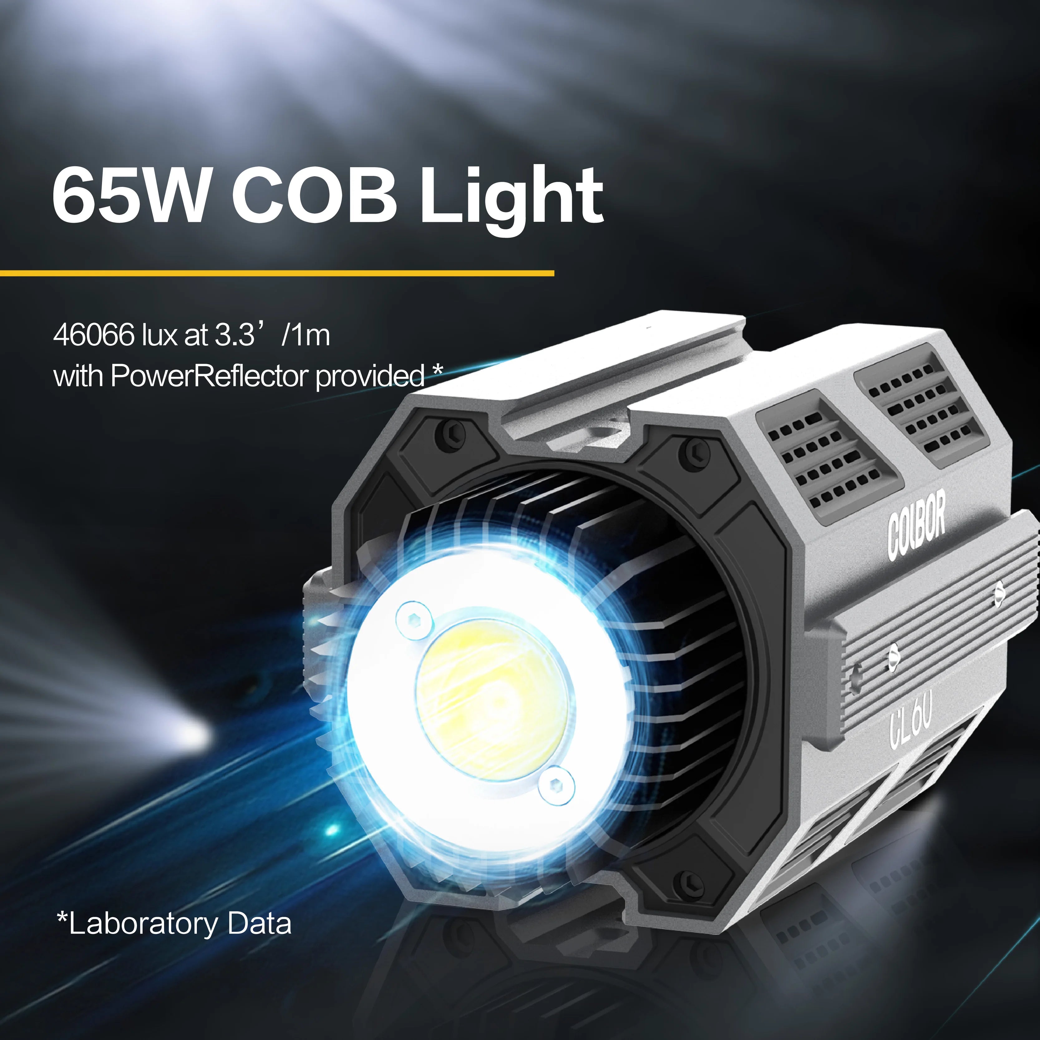65W COB LED light with a compact, silver octagonal housing and bright circular output for photography and video.