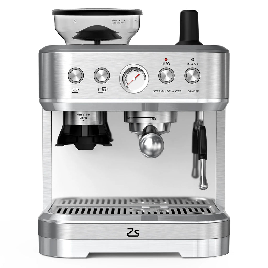 ZS stainless steel espresso machine with integrated grinder, pressure gauge, and steam wand for home brewing.