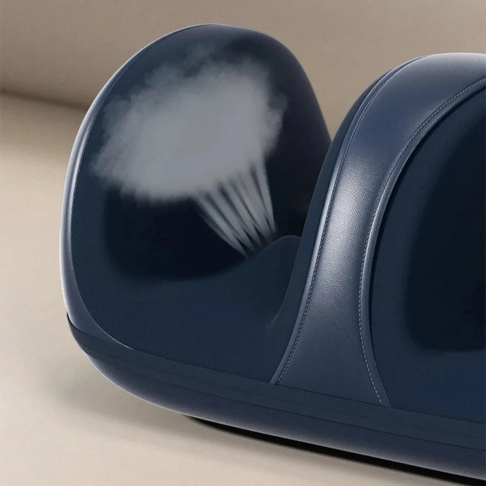 Navy blue electric foot and calf massager with steam hot compress feature for deep tissue muscle relief.