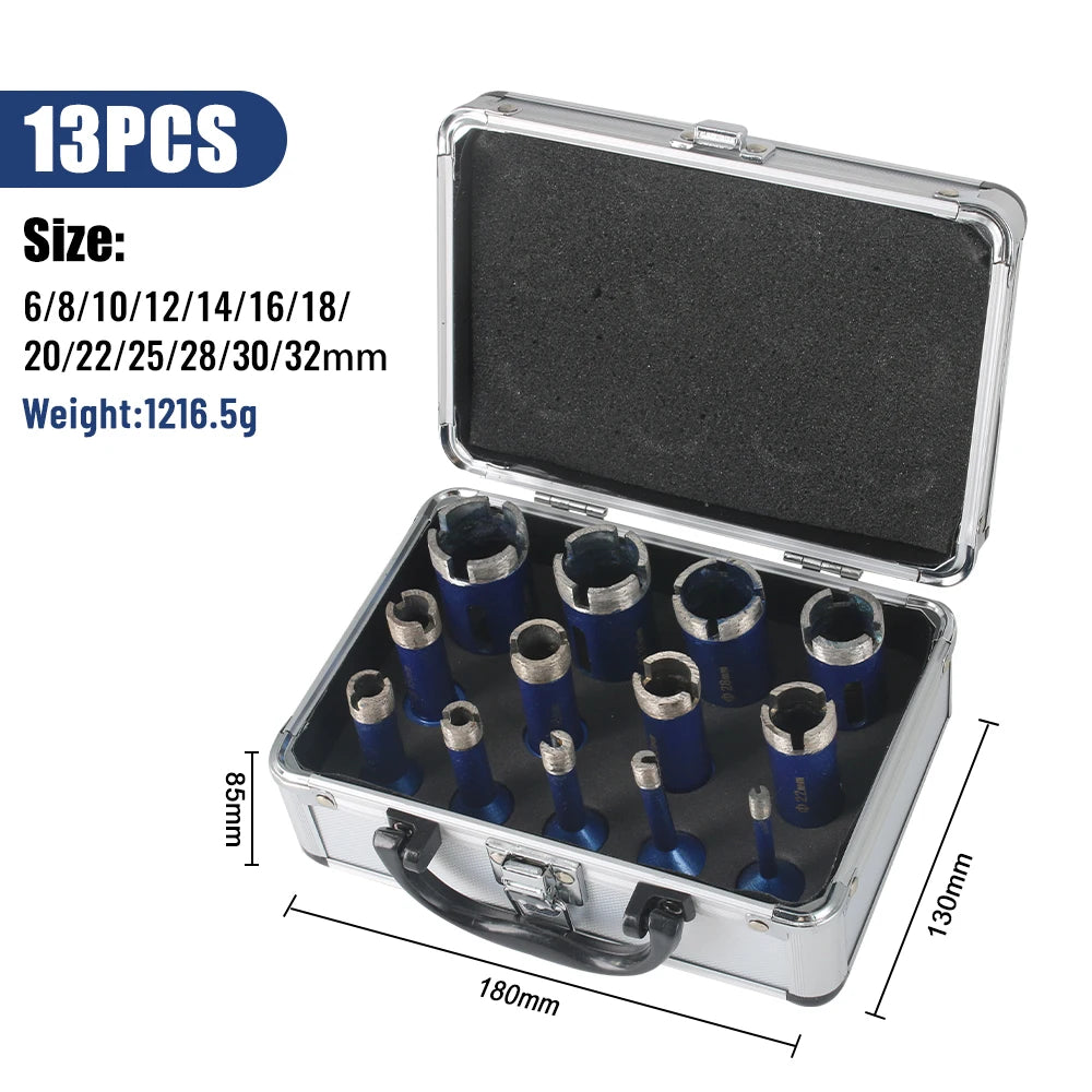 13-piece diamond hole saw set with blue core bits and size list