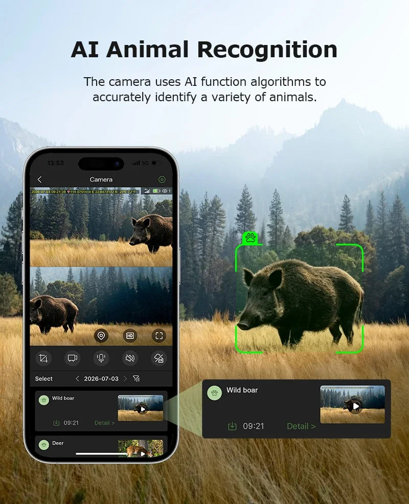 INQMEGA 24MP Dual Lens Solar 4G GPS Hunting Trail Camera AI PIR 180° Wide Angle Night Vision IP66 Outdoor Wildlife Camouflage