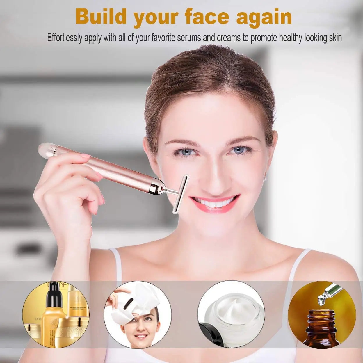 Woman holding a rose gold T-shaped electric vibrating beauty bar for facial massage. Icons show serum and cream usage.