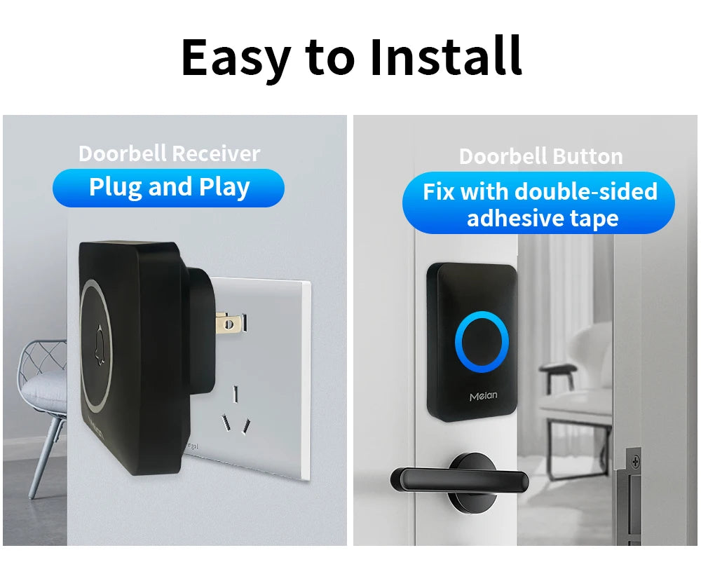 Meian IP65 Waterproof Wireless Doorbell Smart Home Outdoor Door Bell 60 Ringtone 5 Volume Adjustable LED Flash Smart Door Bell