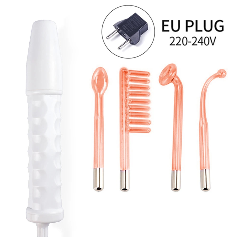 White portable high-frequency facial wand with four different glass electrode attachments and an EU plug adapter.
