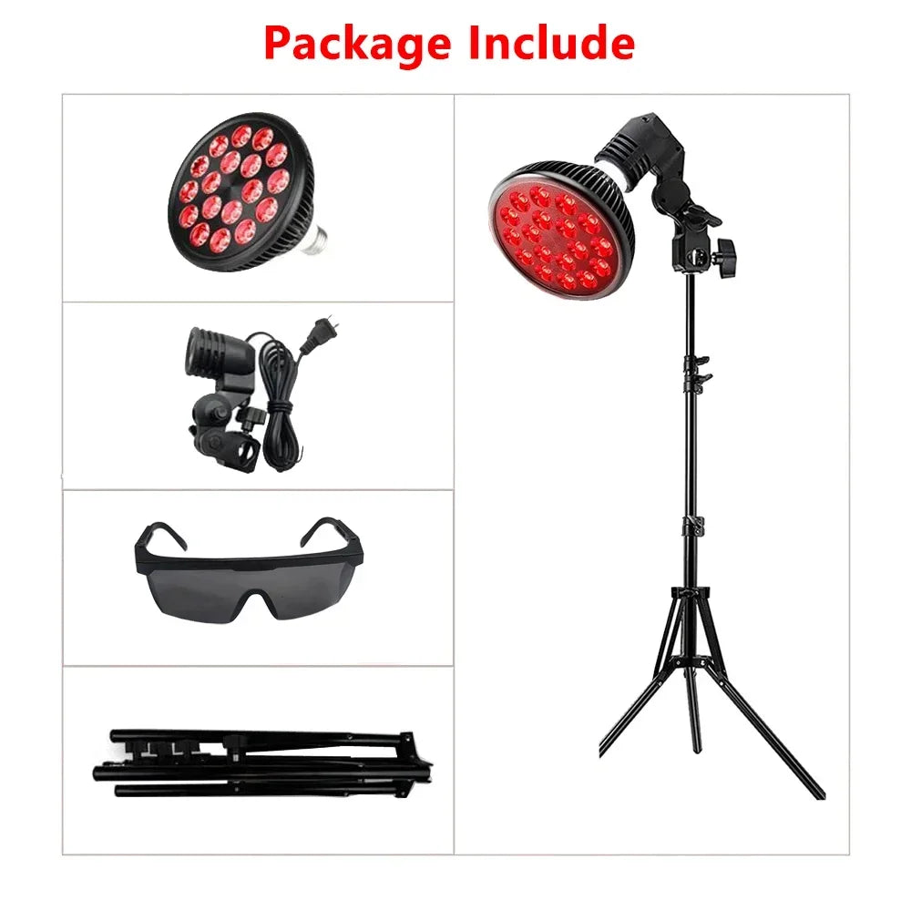 Red light therapy lamp kit with adjustable stand, 660nm/850nm bulb, power cord, and protective eye glasses.