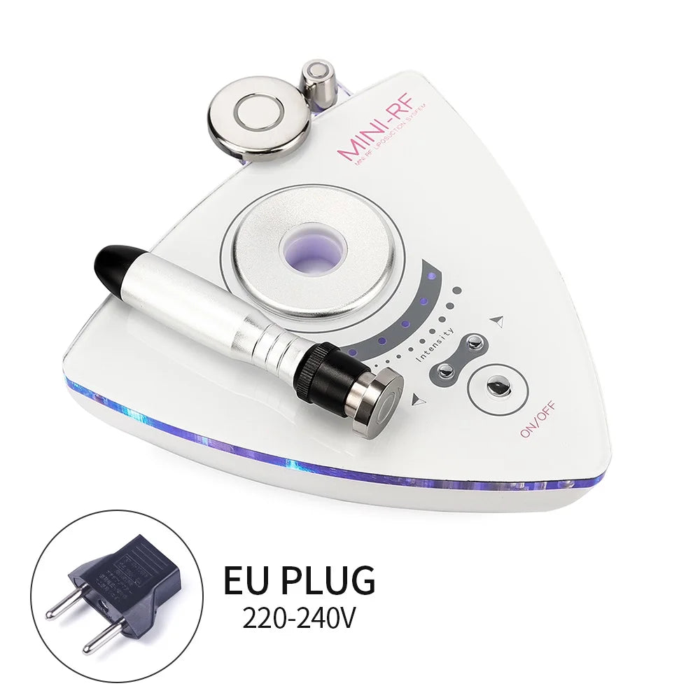 White triangular 3-in-1 RF skin lifting device with metal probes, intensity settings, and an included EU power plug.