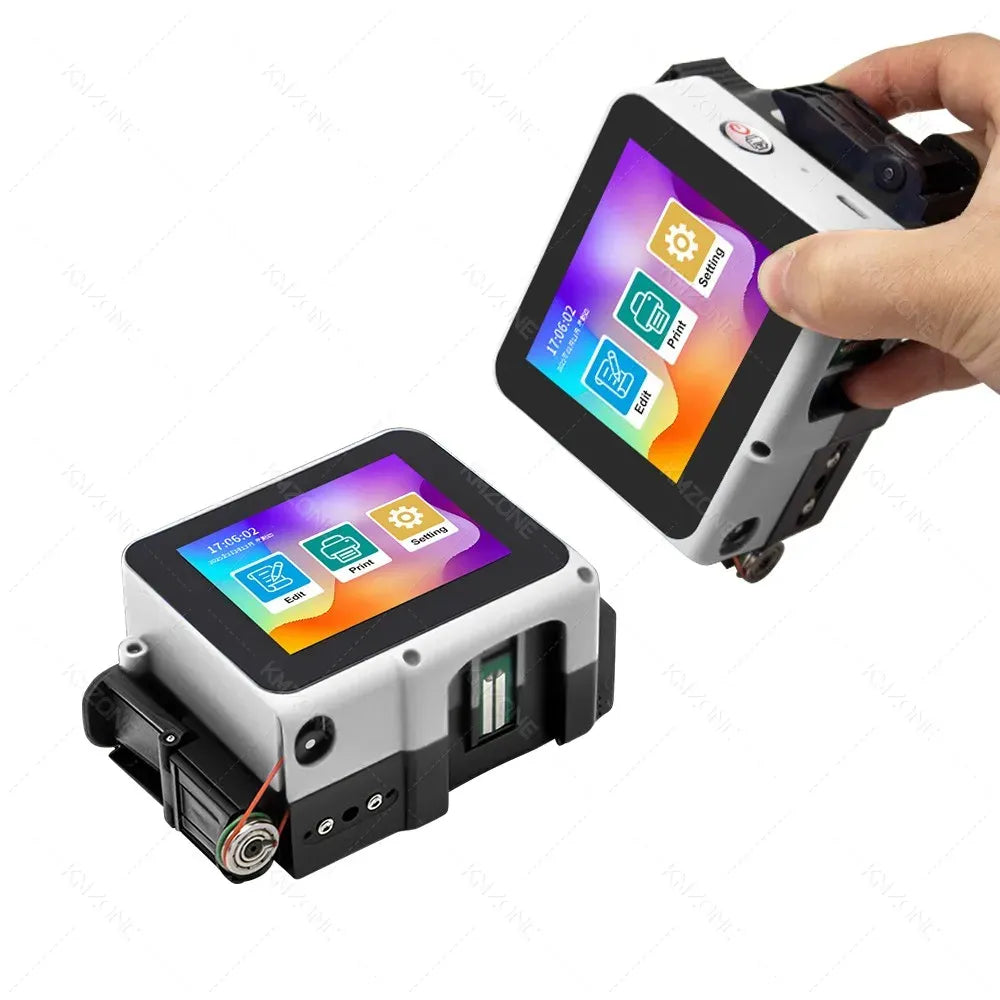 Handheld mini inkjet printer in white and black, with LCD screen and cartridge holder