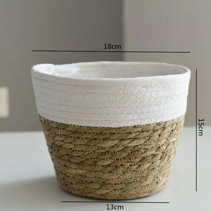 White-lined straw woven plant pot basket planter with open top, compact